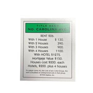 Monopoly Classic No Carolina Ave Property Title Deed Card Replacement u